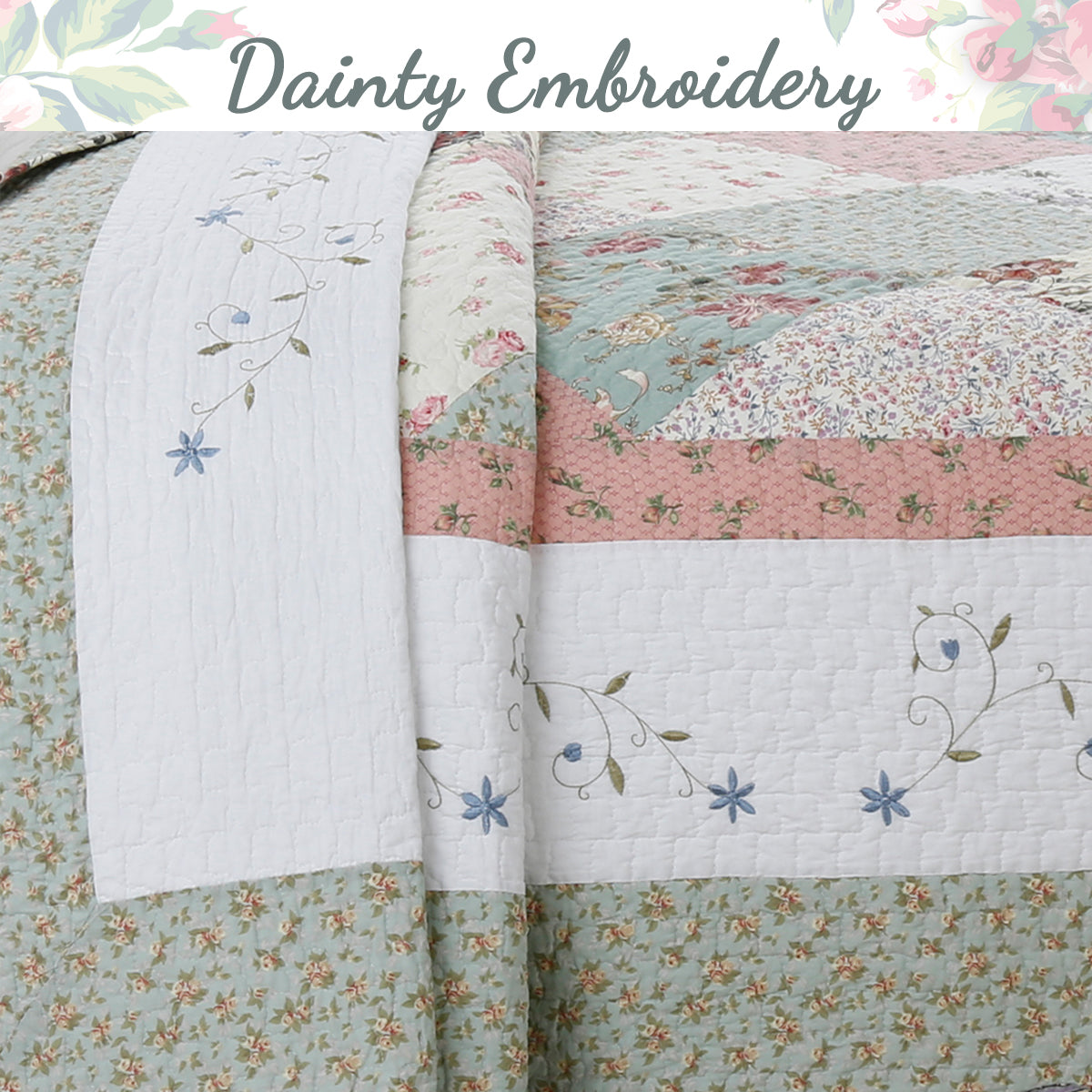 Grace Celadon Real Patchwork Embroidered Scalloped Edge Cotton Reversible Quilt Bedding Set