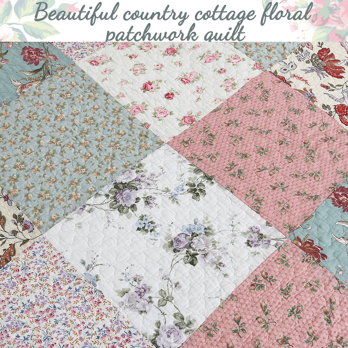 Grace Celadon Real Patchwork Embroidered Scalloped Edge Cotton Reversible Quilt Bedding Set