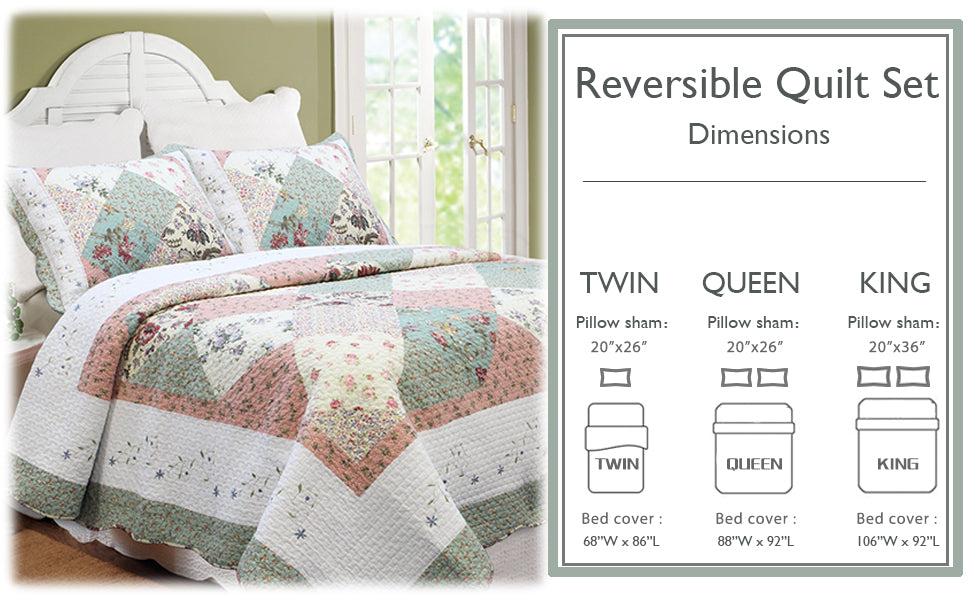 Grace Celadon Real Patchwork Embroidered Scalloped Edge Cotton Reversible Quilt Bedding Set