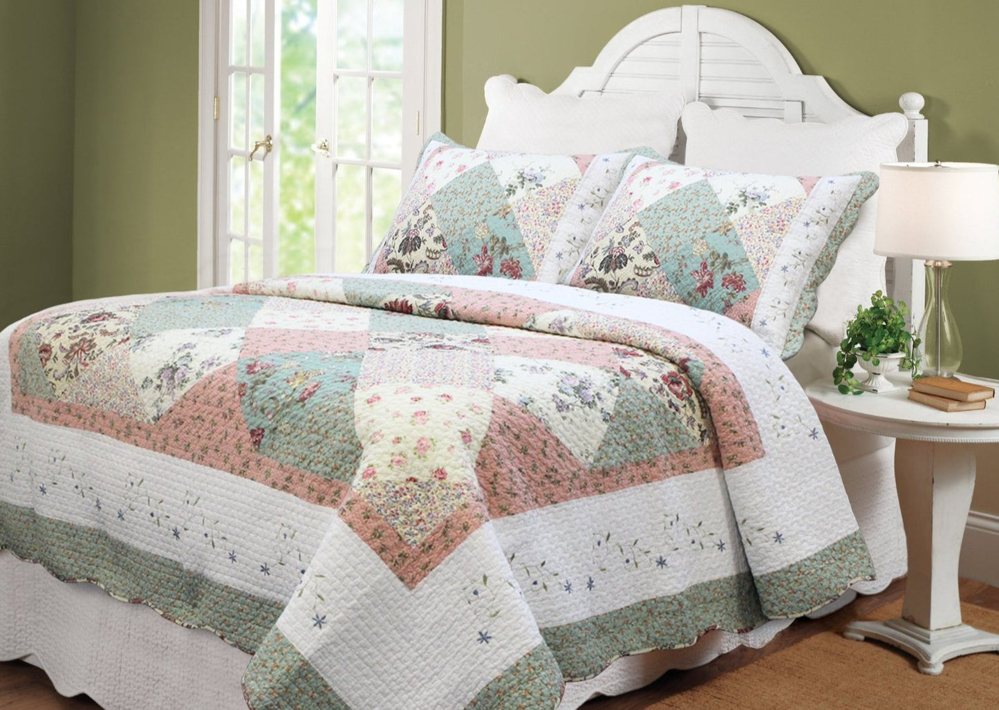 Grace Celadon Real Patchwork Embroidered Scalloped Edge Cotton Reversible Quilt Bedding Set