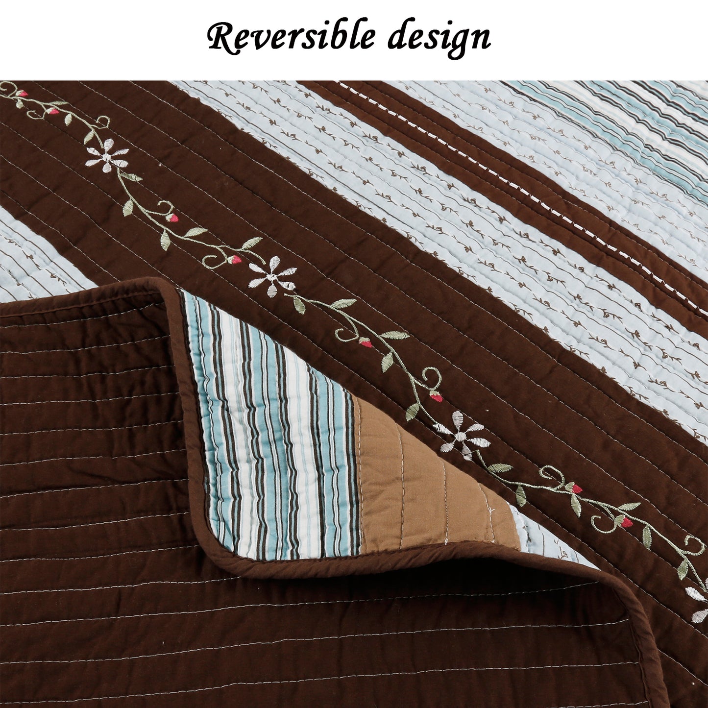 Mary Ann Stripe Real Patchwork Cotton 3-piece Reversible Quilt Bedding Set