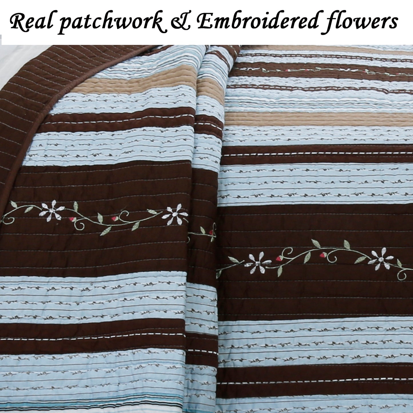 Mary Ann Stripe Real Patchwork Cotton 3-piece Reversible Quilt Bedding Set