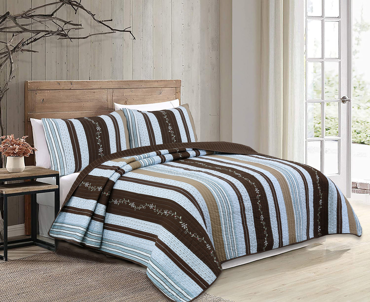 Mary Ann Stripe Real Patchwork Cotton 3-piece Reversible Quilt Bedding Set