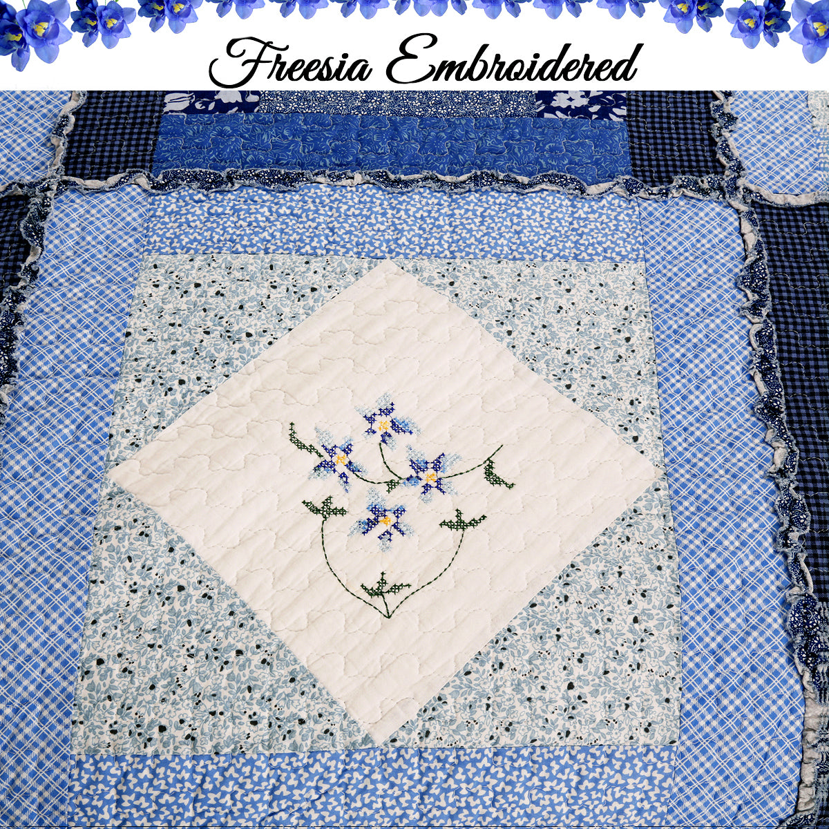 Moyle Blue Real Patchwork Embroidered Floral Ruffle Cotton 3-Piece Reversible Quilt Bedding Set