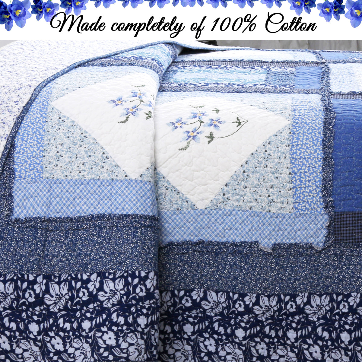 Moyle Blue Real Patchwork Embroidered Floral Ruffle Cotton 3-Piece Reversible Quilt Bedding Set