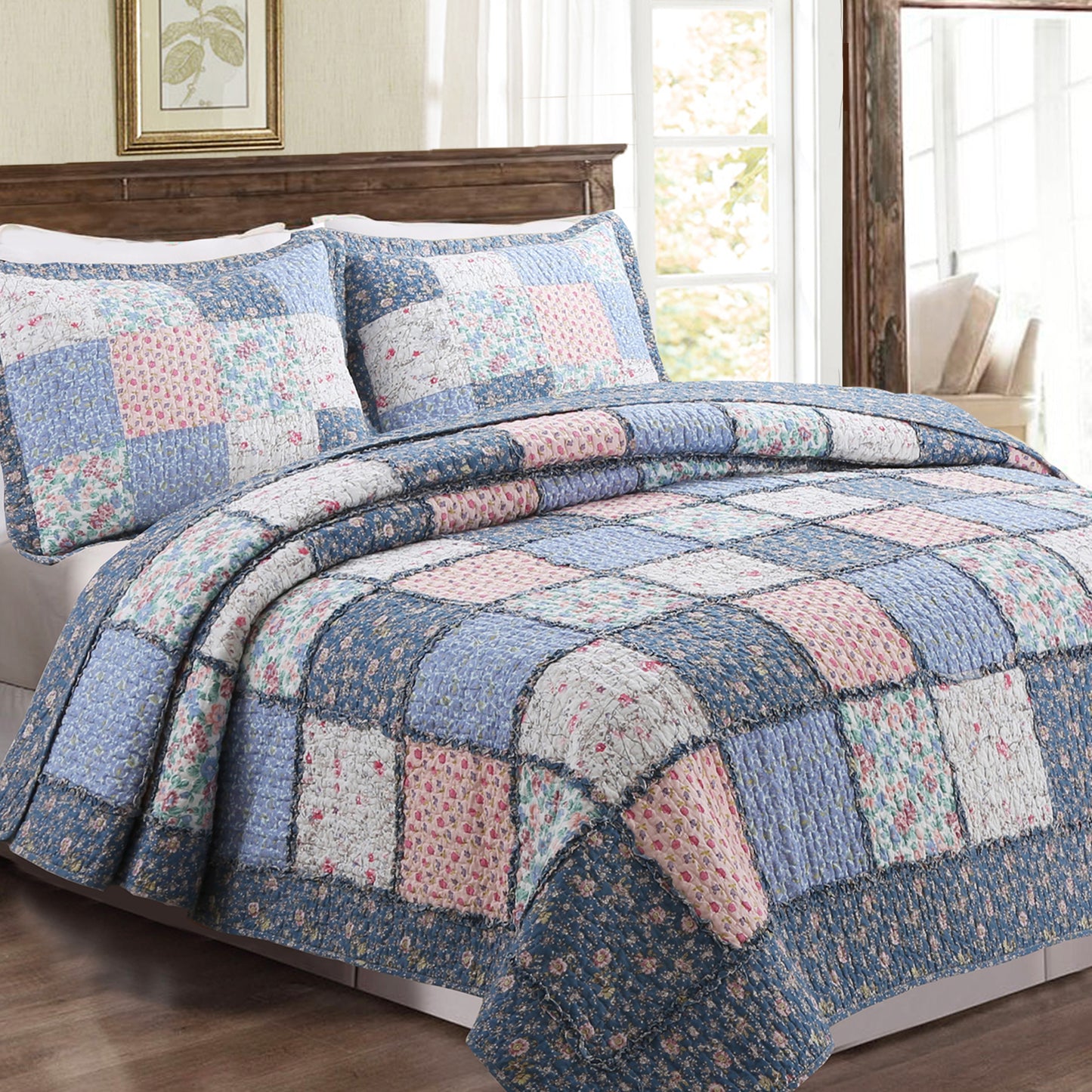 Mraz Blue Pink Ruffle Real Patchwork Cotton 3-Piece Reversible Quilt Bedding Set