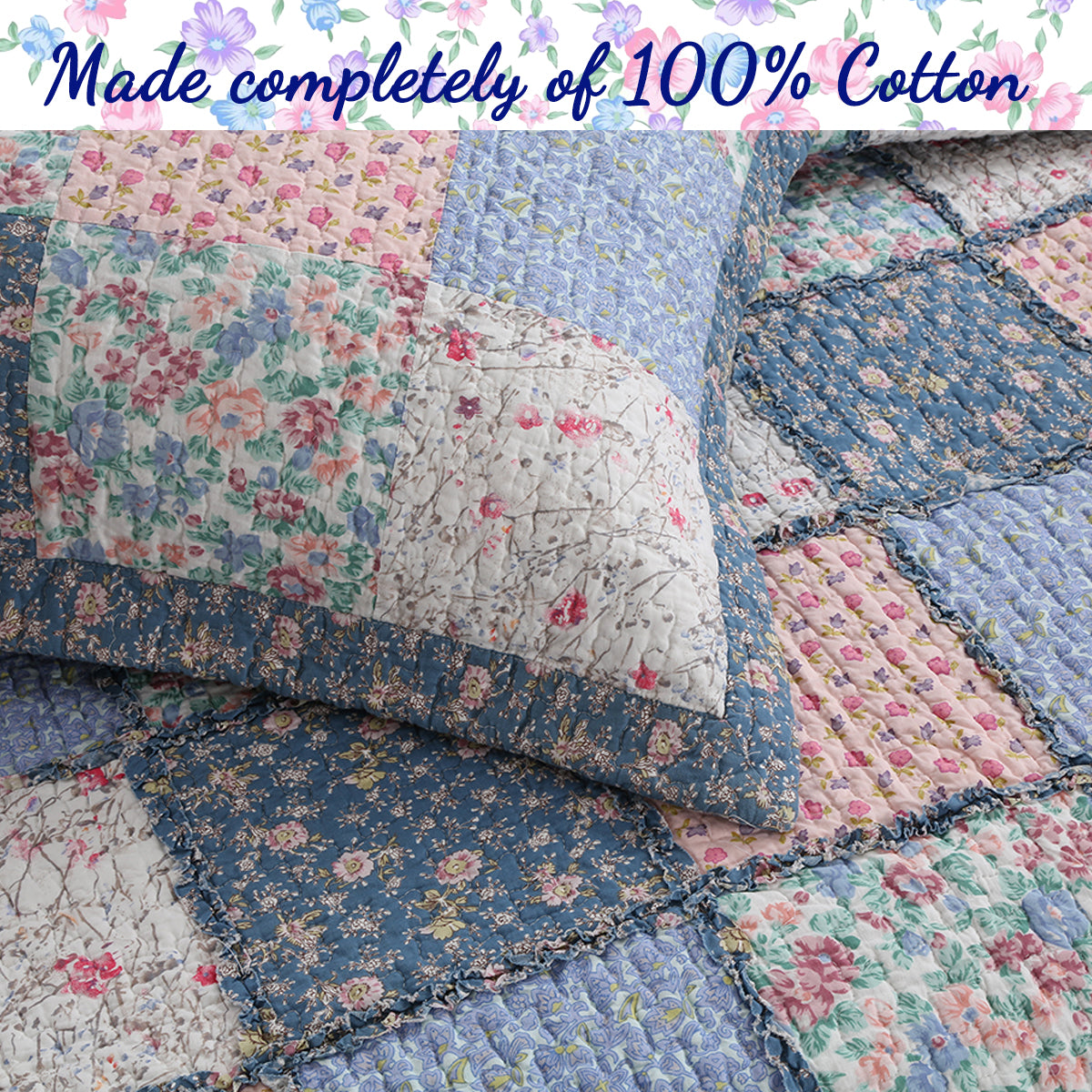 Mraz Blue Pink Ruffle Real Patchwork Cotton 3-Piece Reversible Quilt Bedding Set