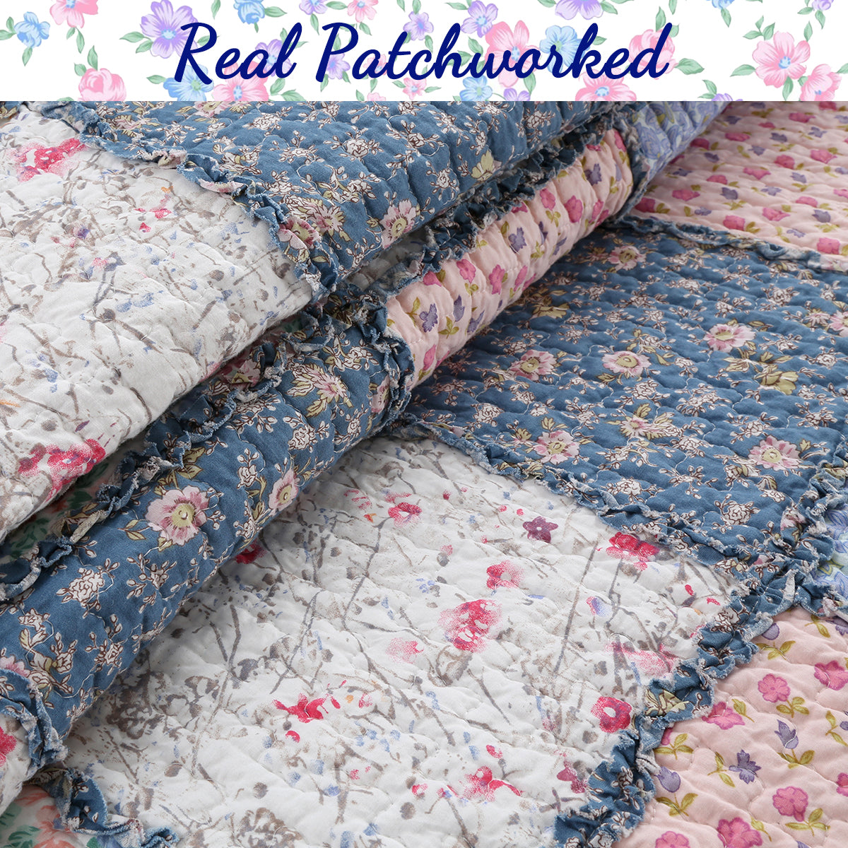 Mraz Blue Pink Ruffle Real Patchwork Cotton 3-Piece Reversible Quilt Bedding Set