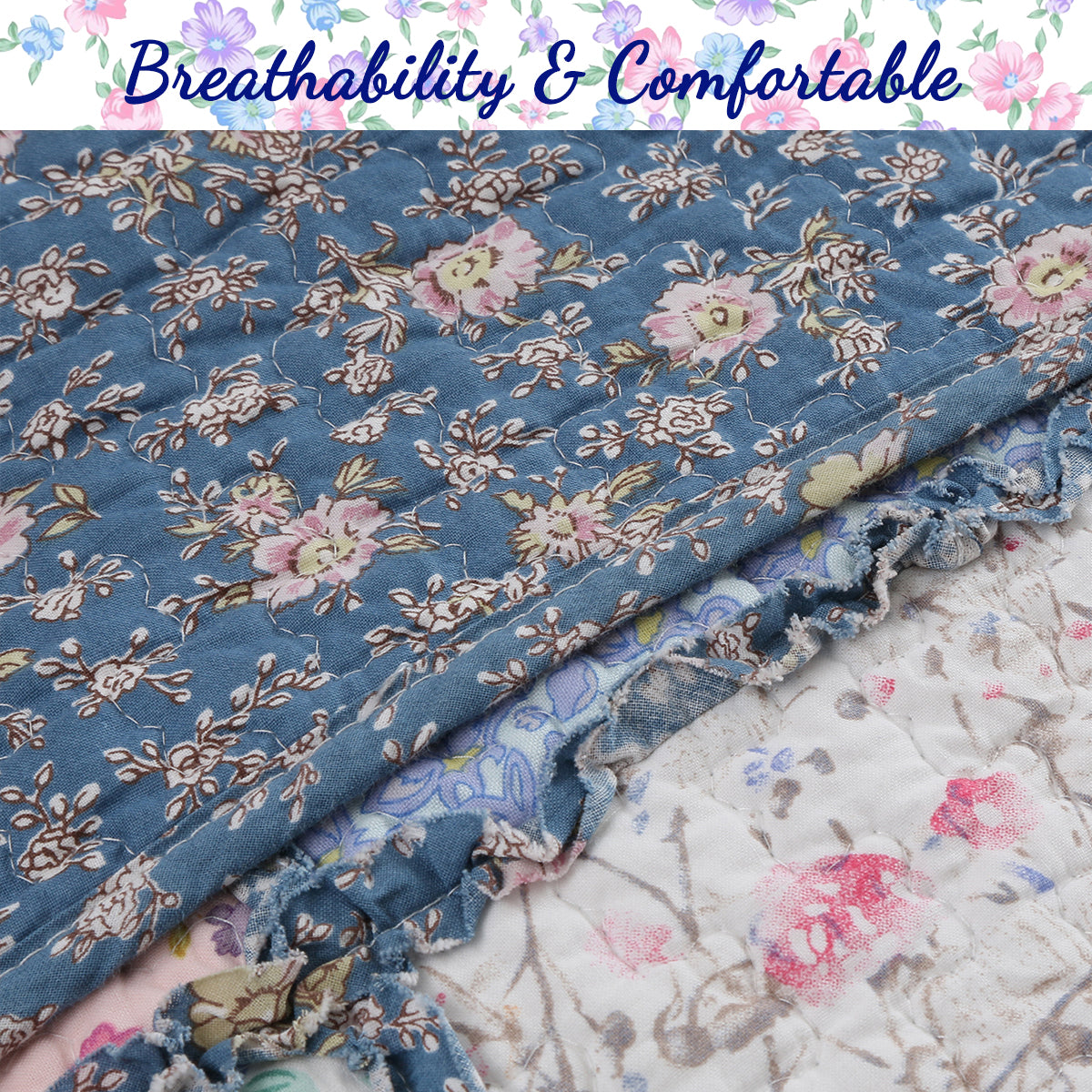 Mraz Blue Pink Ruffle Real Patchwork Cotton 3-Piece Reversible Quilt Bedding Set