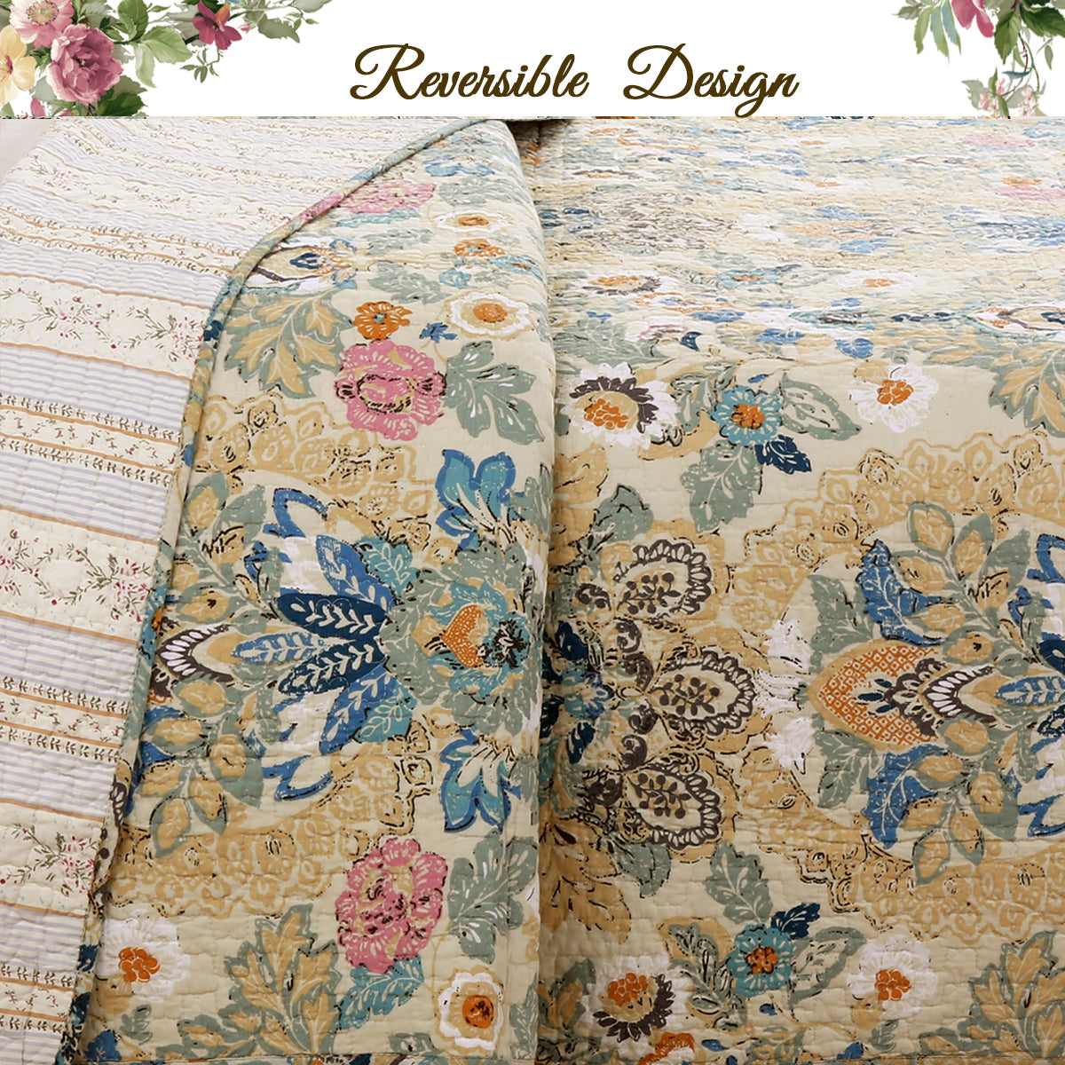 Pylle Hill Floral Cotton 3-Piece Reversible Quilt Bedding Set