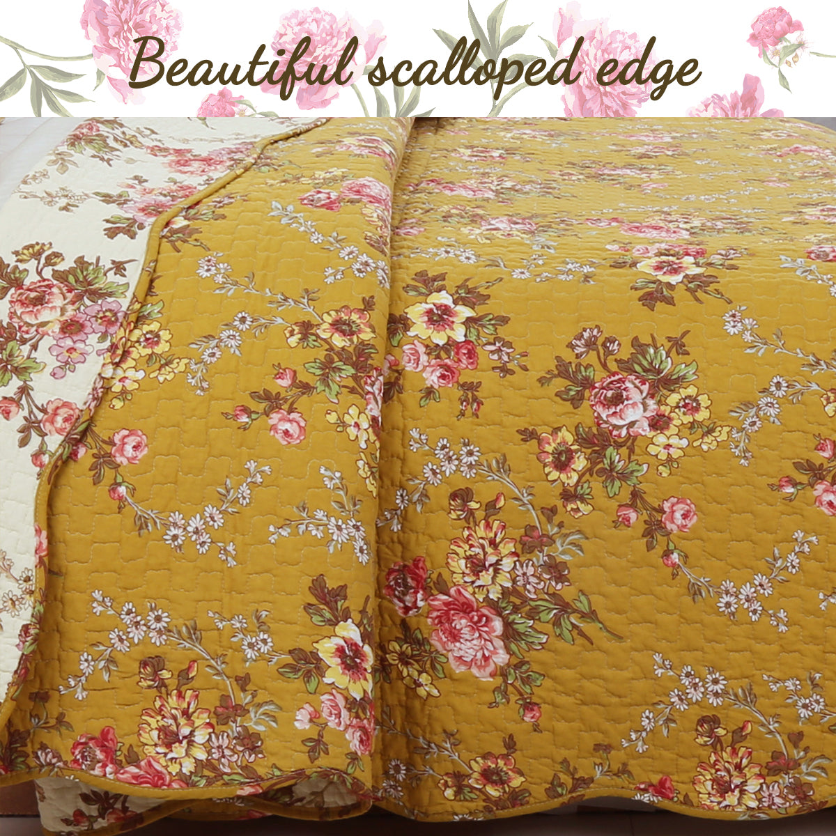 Pinegar Floral Scalloped Cotton 3-Piece Reversible Quilt Bedding Set