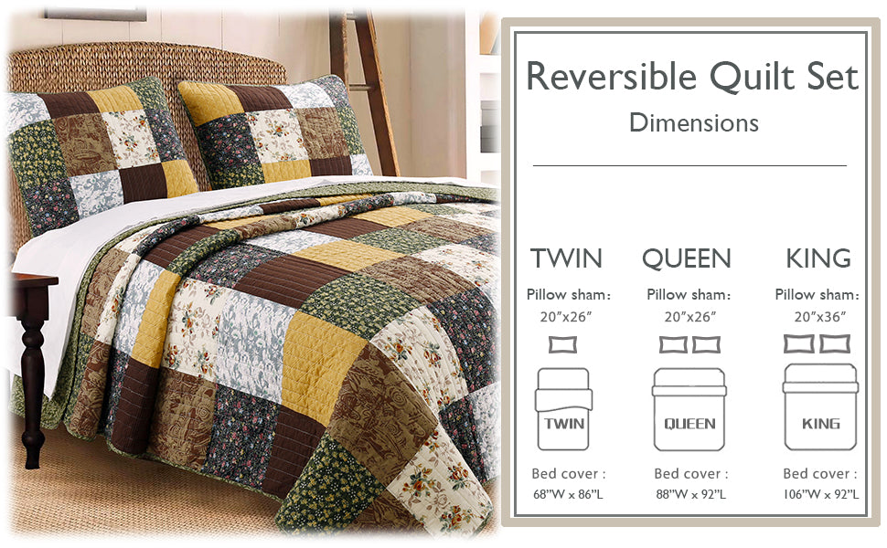Huitt Country Farmhouse Vintage Floral Real Patchwork Cotton 3-Piece Reversible Quilt Bedding Set