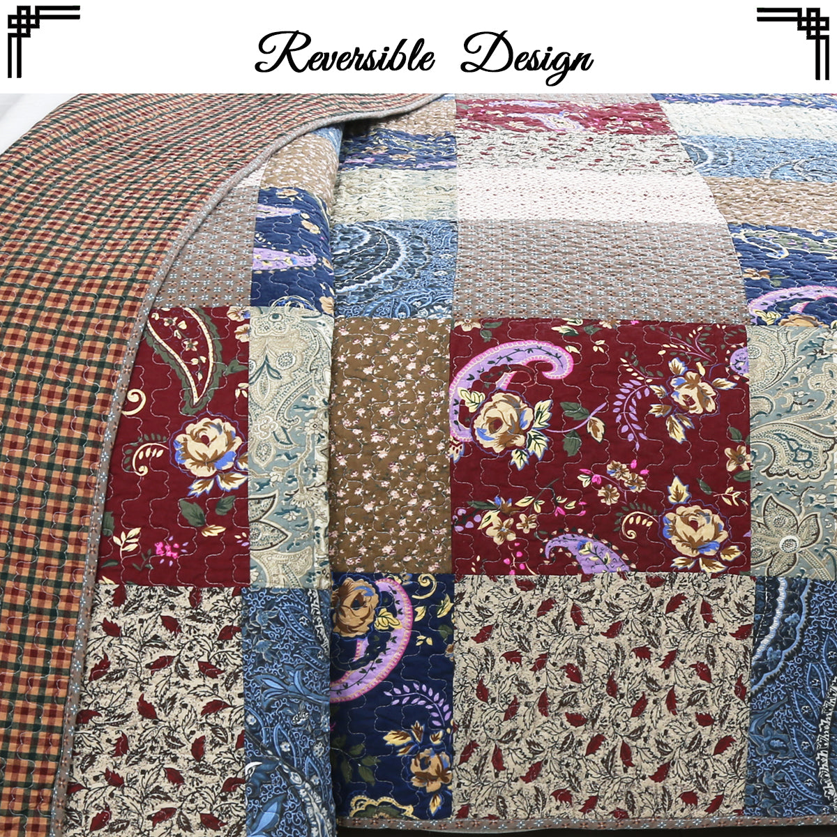 Hyler Sanders Floral Paisley Real Patchwork 3-Piece Cotton Reversible Quilt Bedding Set
