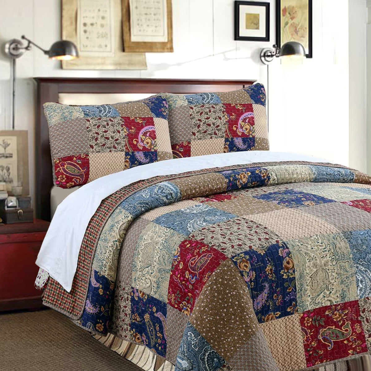 Hyler Sanders Floral Paisley Real Patchwork 3-Piece Cotton Reversible Quilt Bedding Set