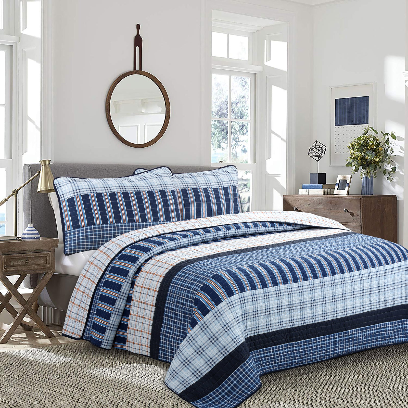 Salina Navy Stripped Plaid Print Patchwork Cotton Reversible Quilt Bed –  Cozy Line Home Fashions