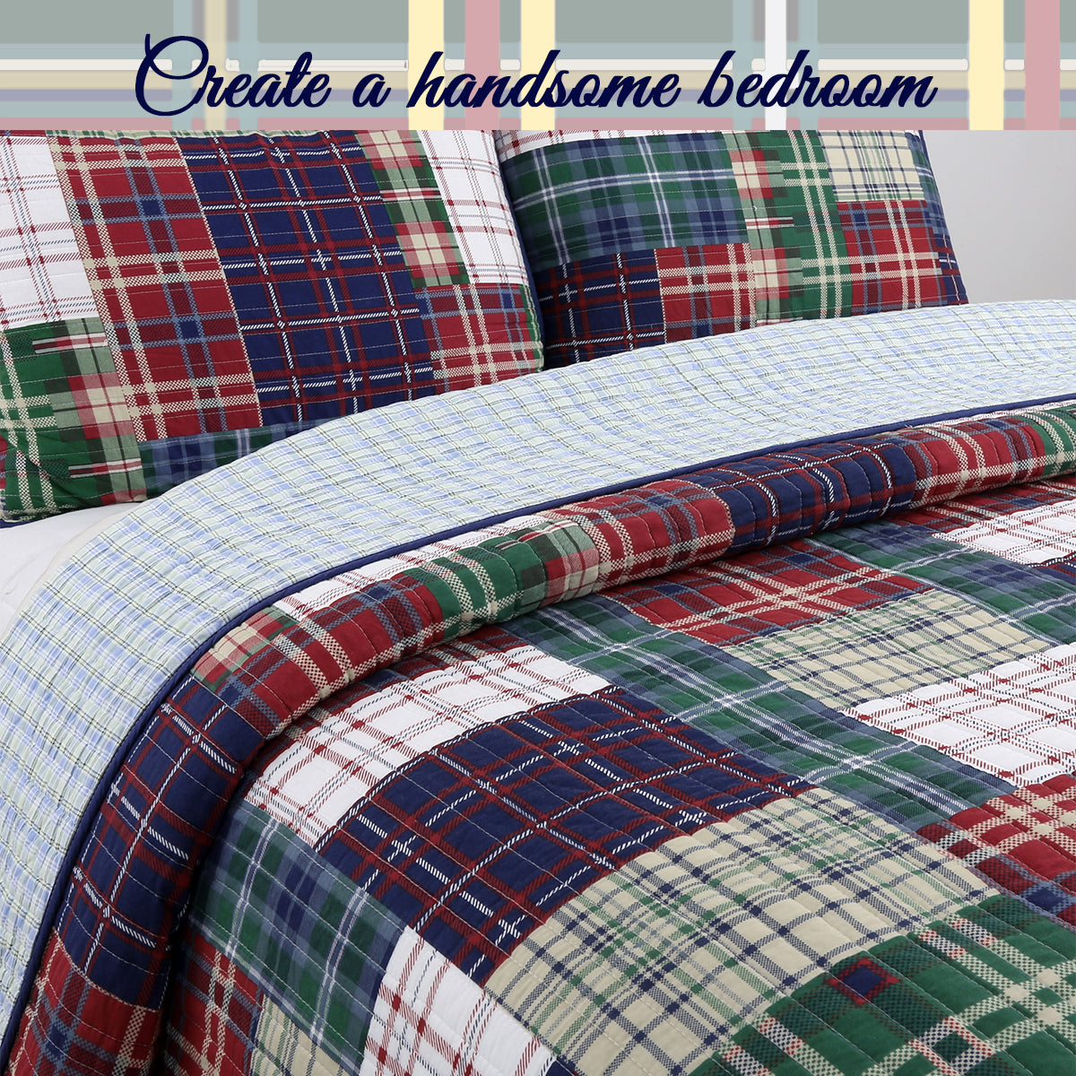 Hepler Plaid Print Patchwork Cotton Reversible Quilt Bedding Set