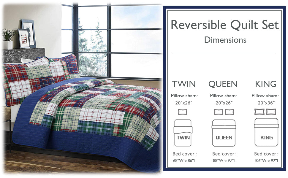 Hepler Plaid Print Patchwork Cotton Reversible Quilt Bedding Set