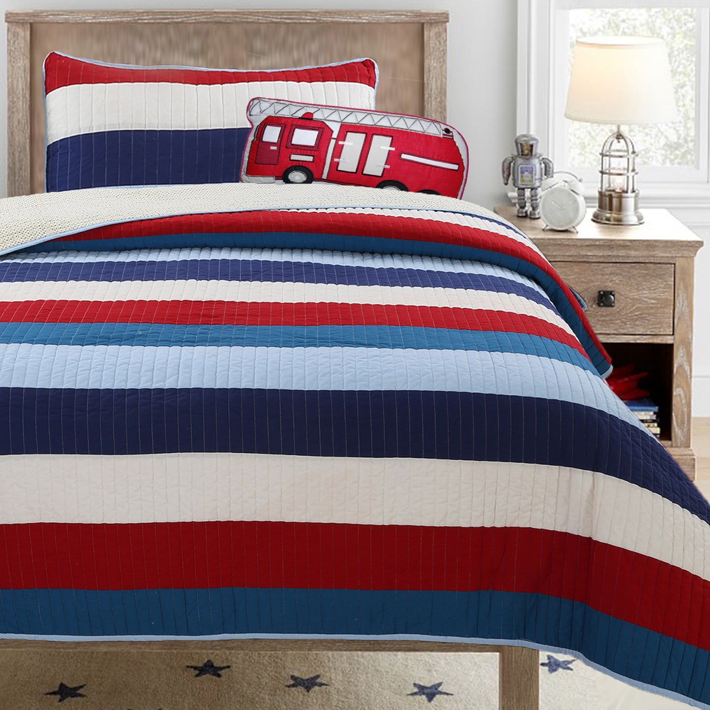 Ressler Navy Blue Red Stripe Real Patchwork Cotton Reversible Quilt Bedding Set