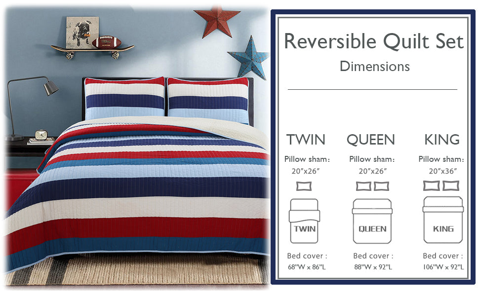 Ressler Navy Blue Red Stripe Real Patchwork Cotton Reversible Quilt Bedding Set