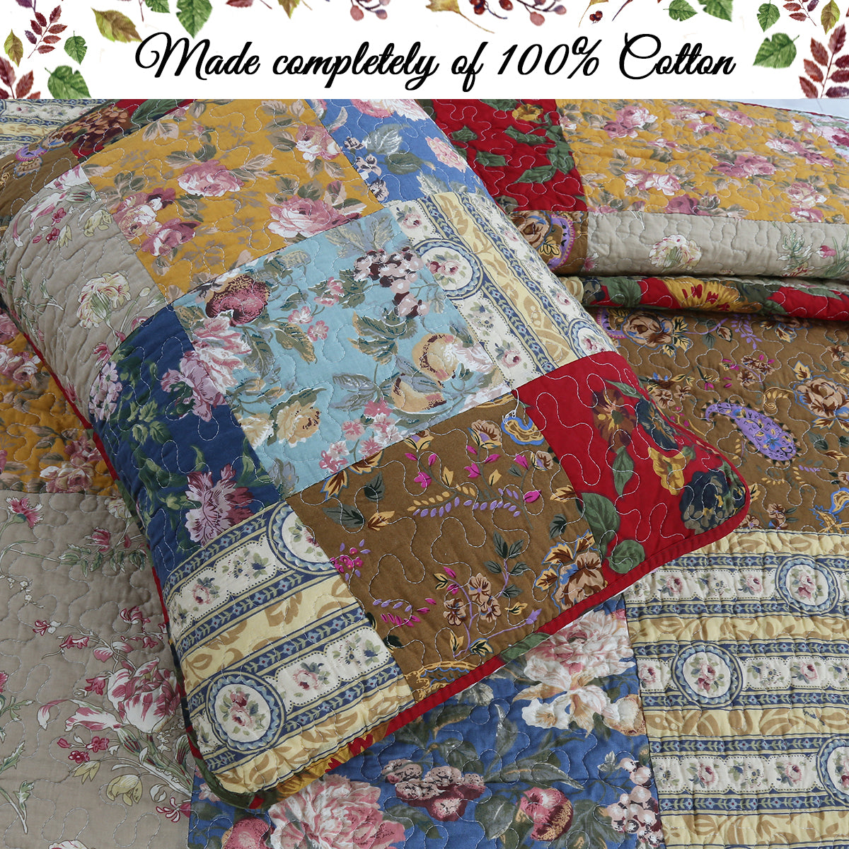Ryleigh Floral Real Patchwork Country Garden Fall Flowers Paisley 3-Piece Cotton Reversible Quilt Bedding Set
