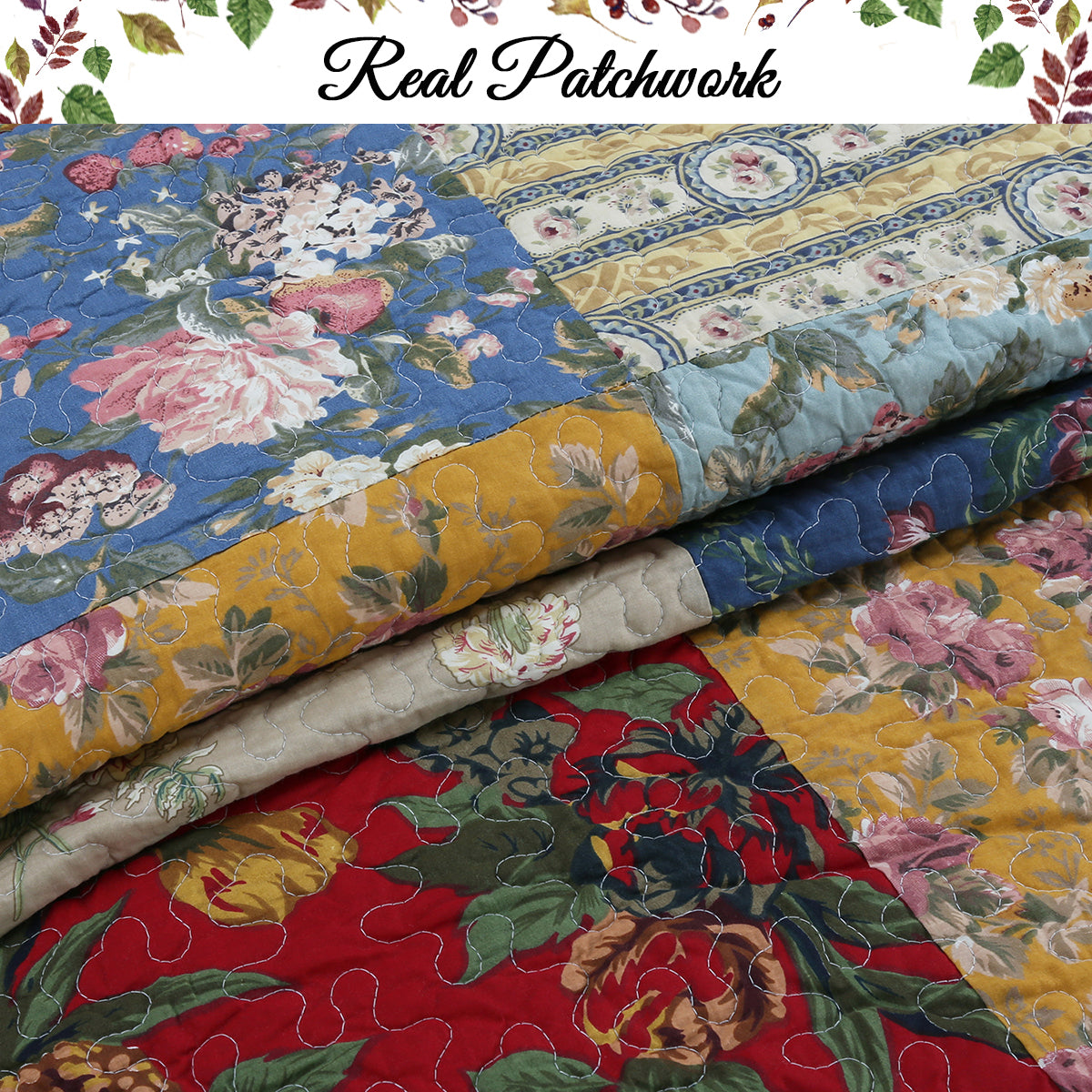 Ryleigh Floral Real Patchwork Country Garden Fall Flowers Paisley 3-Piece Cotton Reversible Quilt Bedding Set