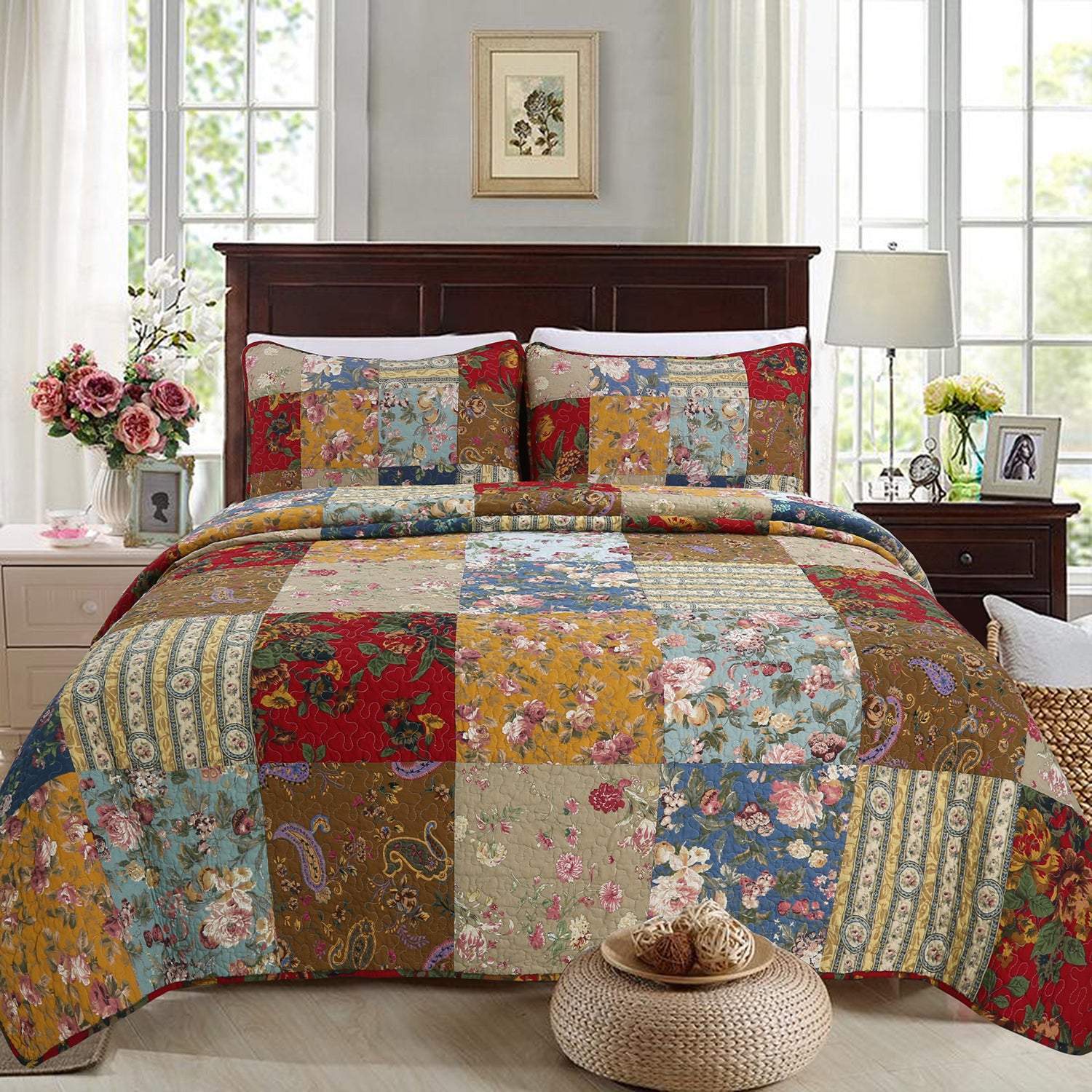 Ryleigh Floral Real Patchwork Country Garden Fall Flowers Paisley 3-Piece  Cotton Reversible Quilt Bedding Set