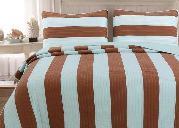 Elaina Brick Red Aqua Striped 3-Piece Cotton Reversible Quilt Bedding Set