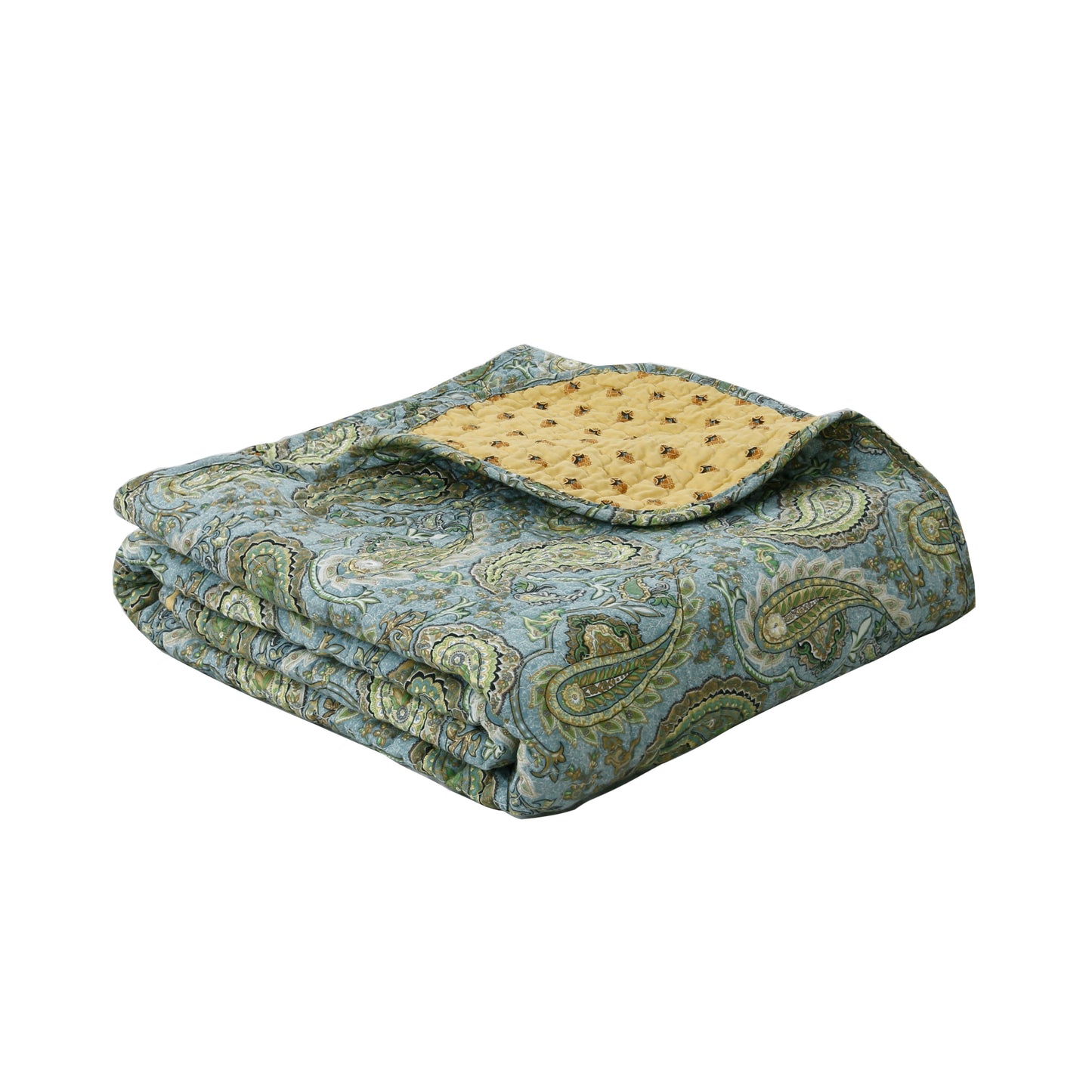 Green Blue Persian Paisley Scalloped Cotton 3-Piece Reversible Quilt Bedding Set