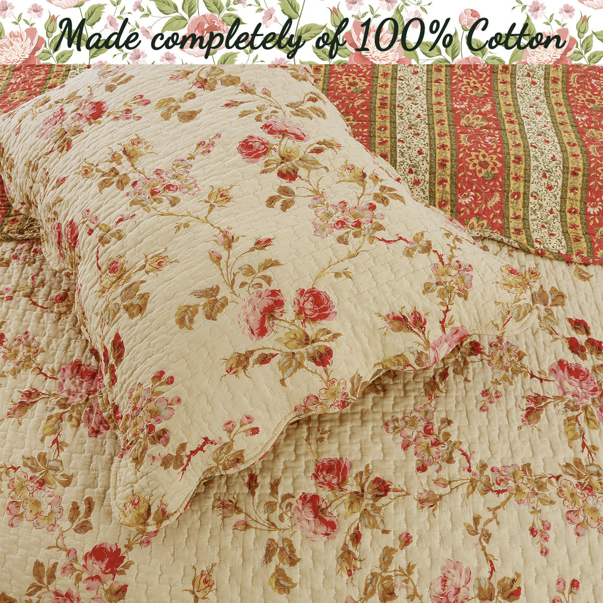 Vintage Rose Floral Cotton Quilted Scalloped 3-Piece Reversible Quilt Bedding Set