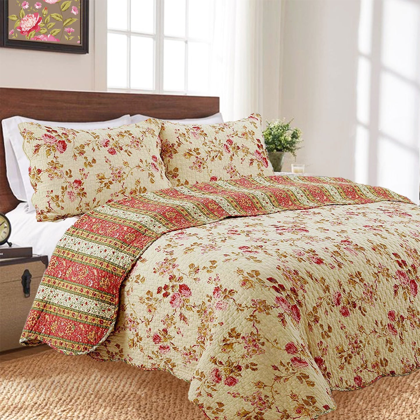 Vintage Rose Floral Cotton Quilted Scalloped 3-Piece Reversible Quilt Bedding Set