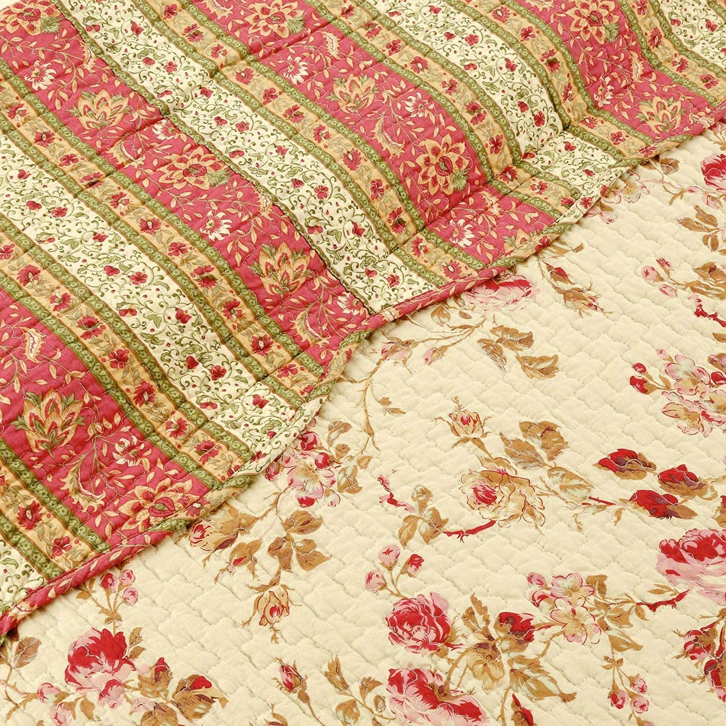 Vintage Rose Floral Cotton Quilted Scalloped Reversible Throw Blanket