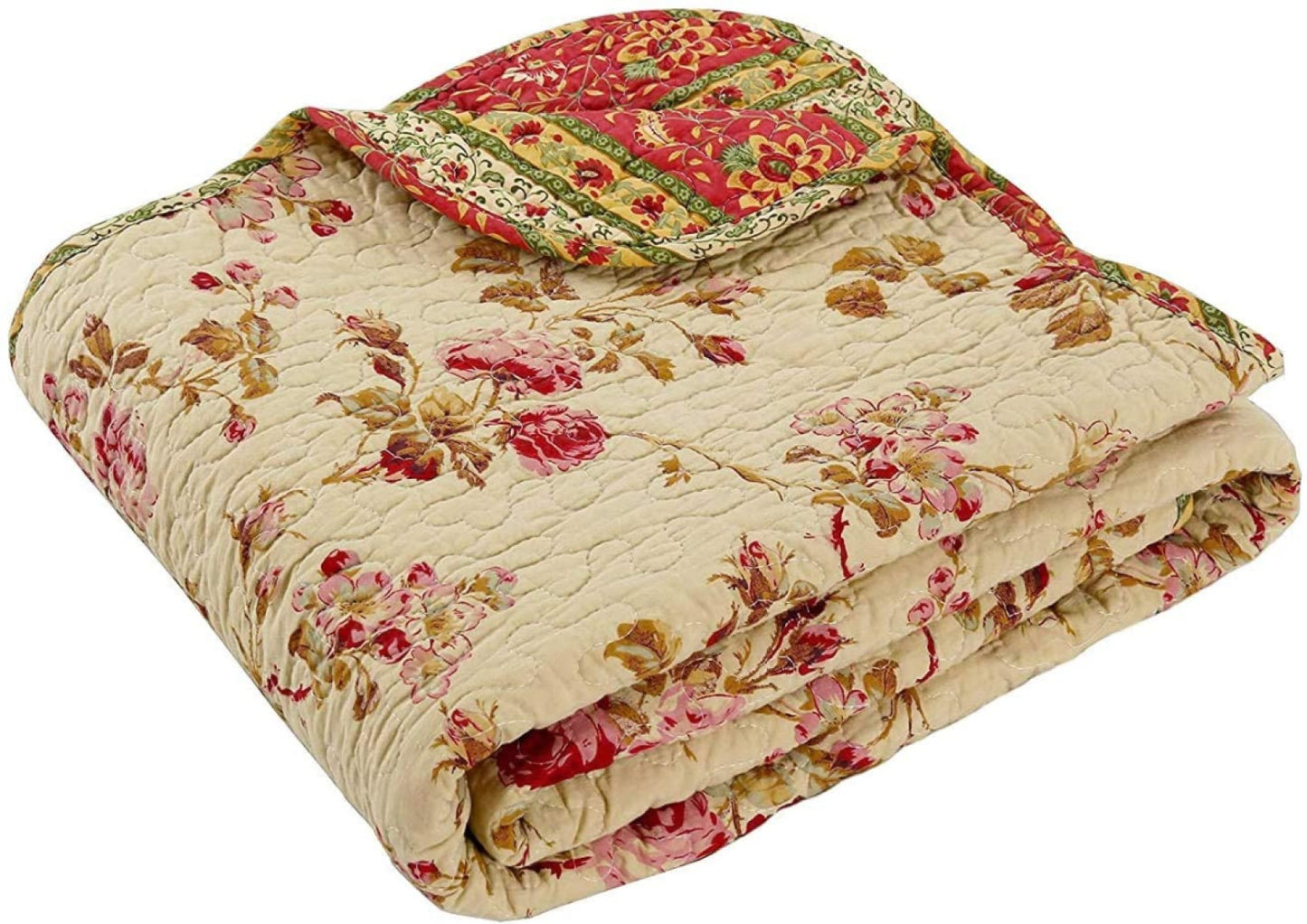 Vintage Rose Floral Cotton Quilted Scalloped 3-Piece Reversible Quilt Bedding Set