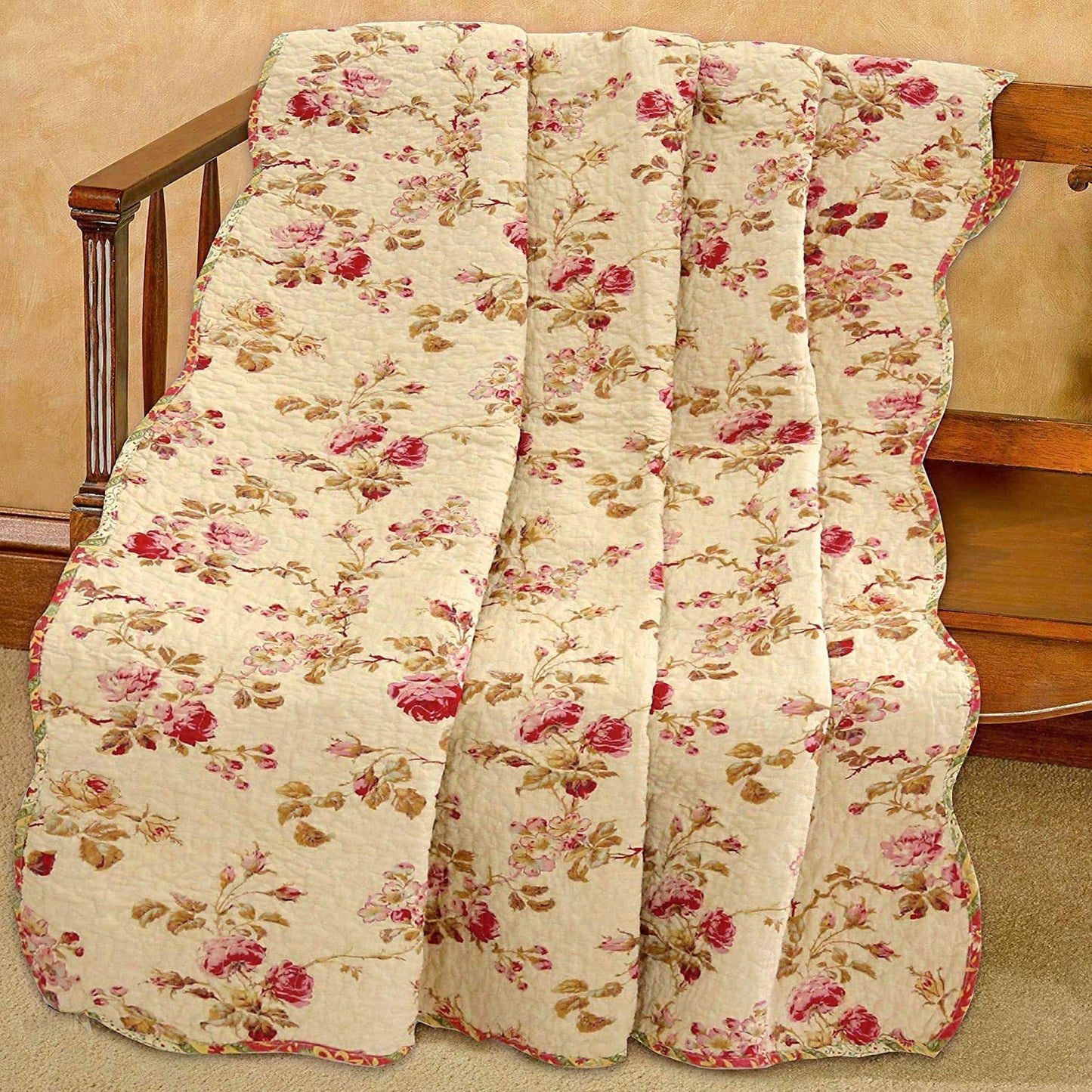 Vintage Rose Floral Cotton Quilted Scalloped 3-Piece Reversible Quilt Bedding Set