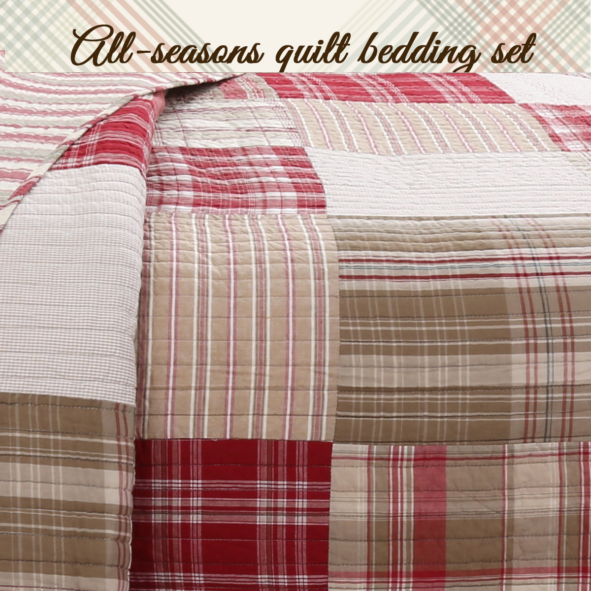 Alivia Red Brown Plaid Real Patchwork 3-Piece Cotton Reversible Quilt Bedding Set