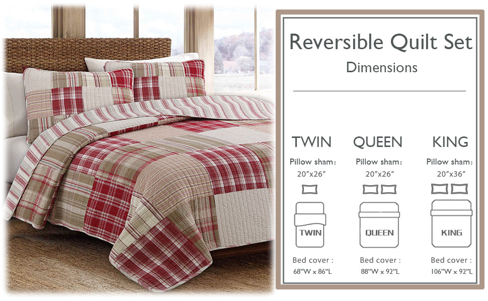 Alivia Red Brown Plaid Real Patchwork 3-Piece Cotton Reversible Quilt Bedding Set