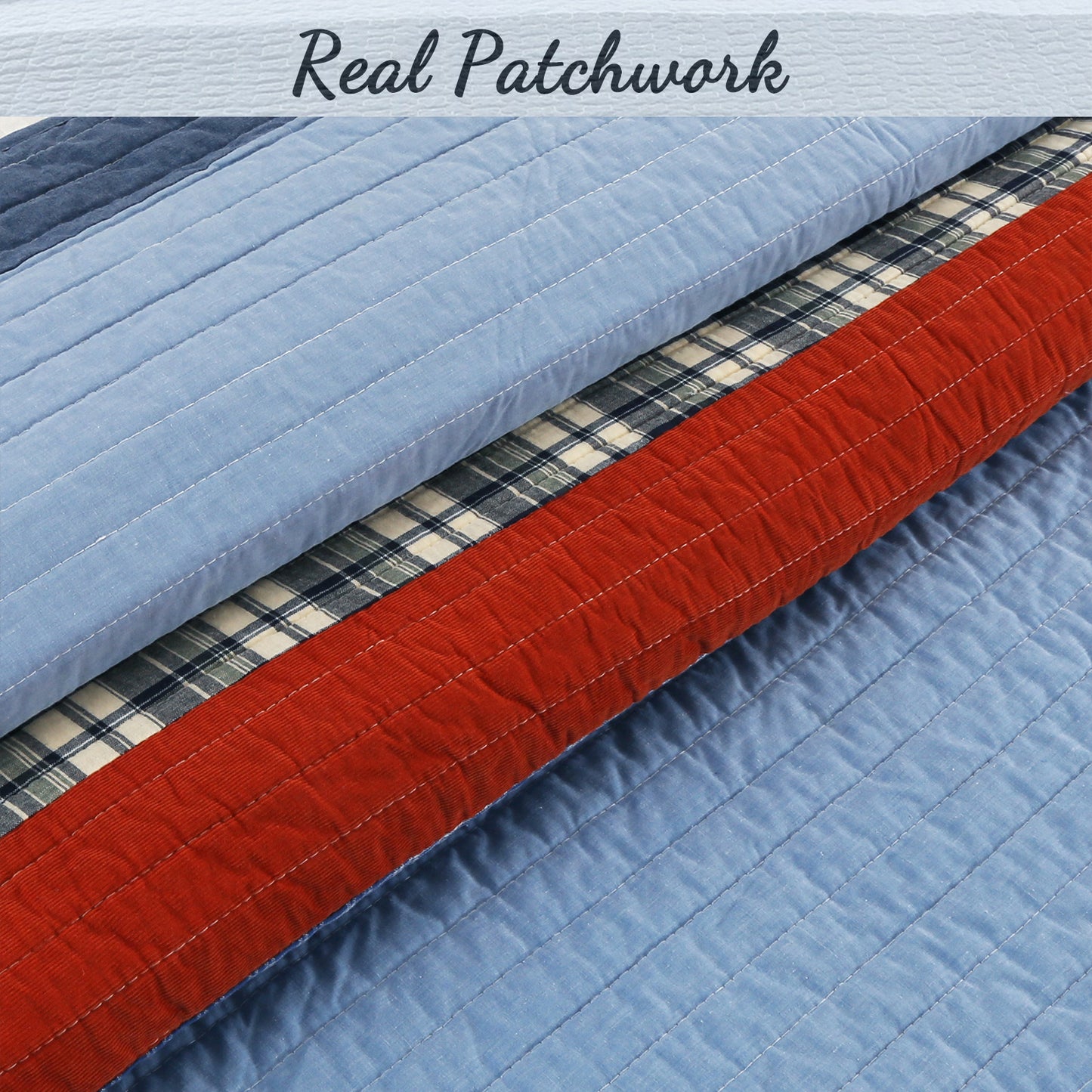 Navy Red Denim Plaid Real Patchwork Cotton Reversible Quilt Bedding Set