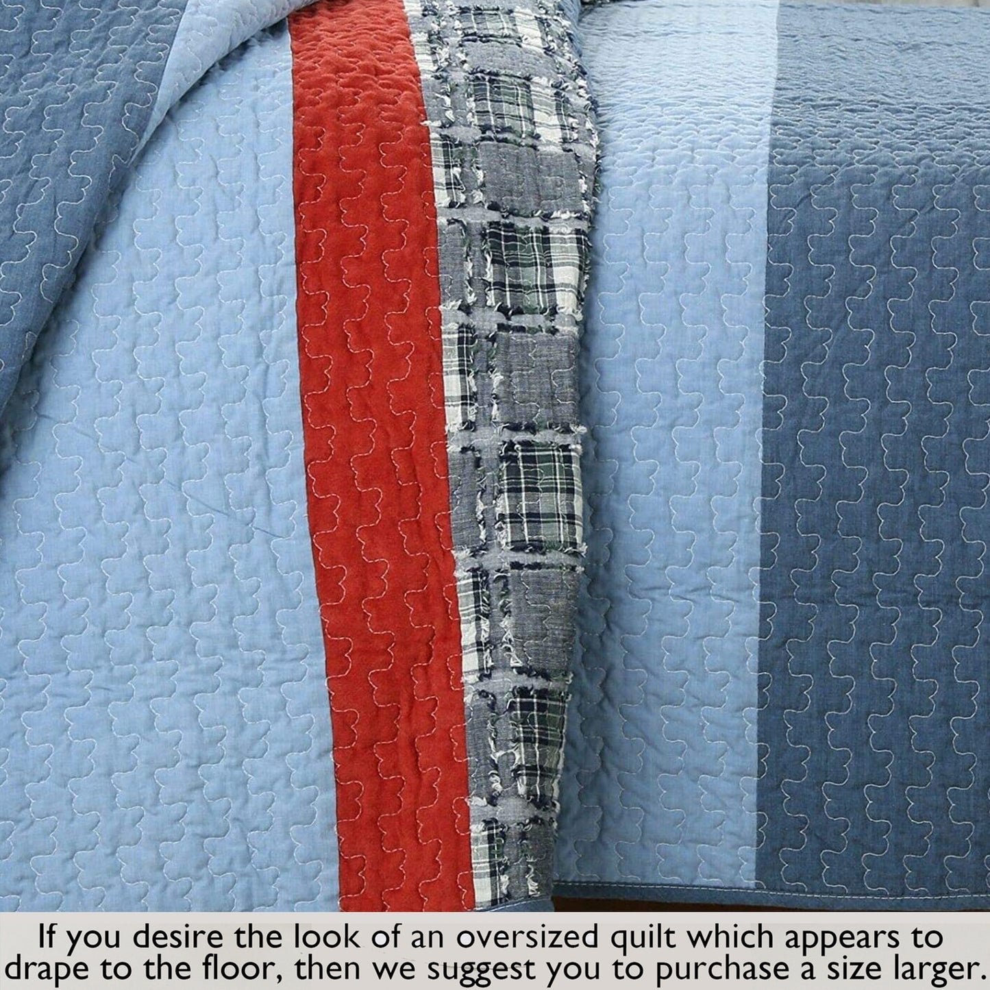 Navy Red Denim Plaid Real Patchwork Cotton Reversible Quilt Bedding Set