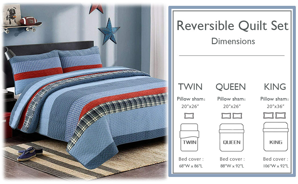 Navy Red Denim Plaid Real Patchwork Cotton Reversible Quilt Bedding Set