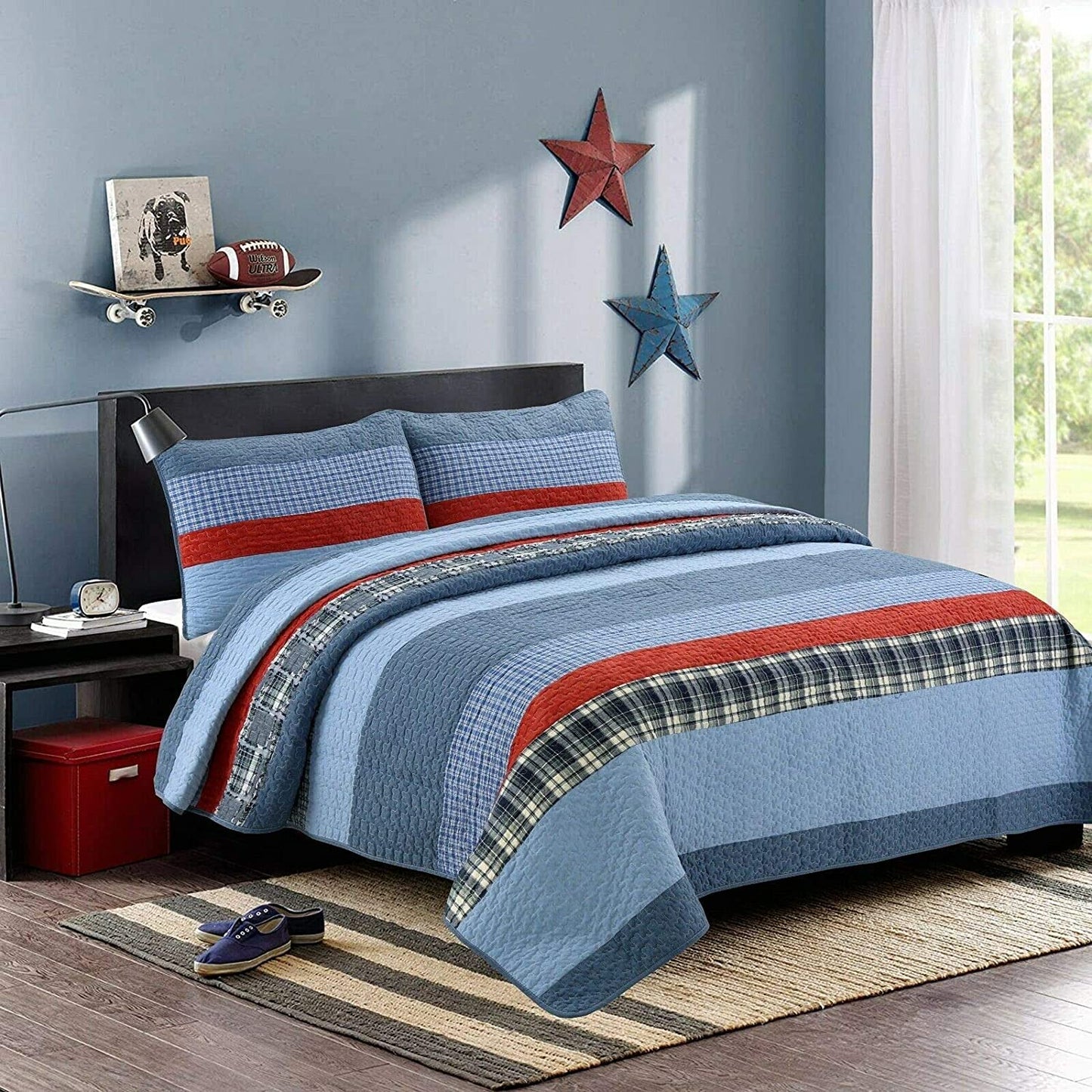 Navy Red Denim Plaid Real Patchwork Cotton Reversible Quilt Bedding Set
