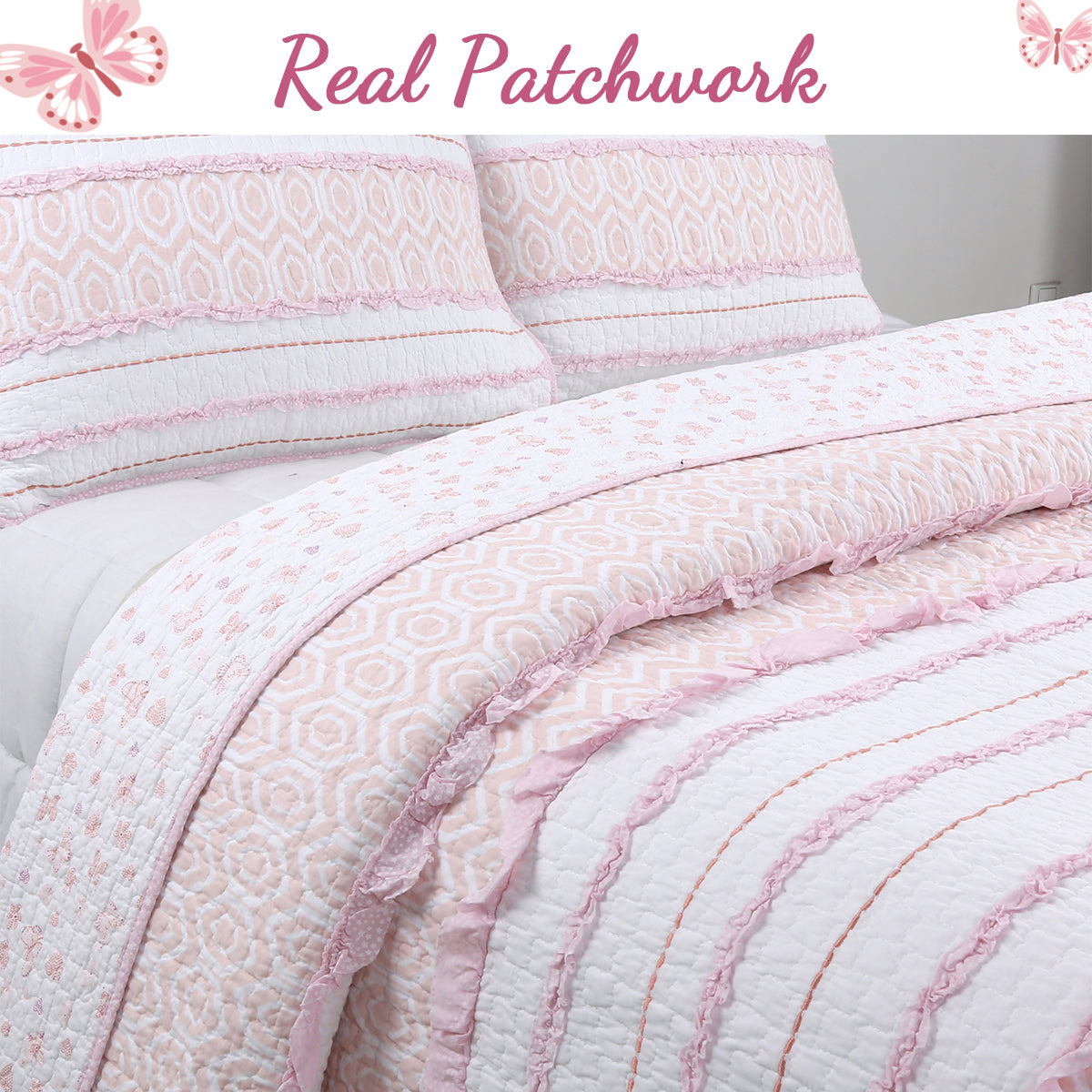 Pretty in Pink Girly Princess Ruffled Star Ogee Stripe Real Patchwork Cotton Reversible Quilt Bedding Set