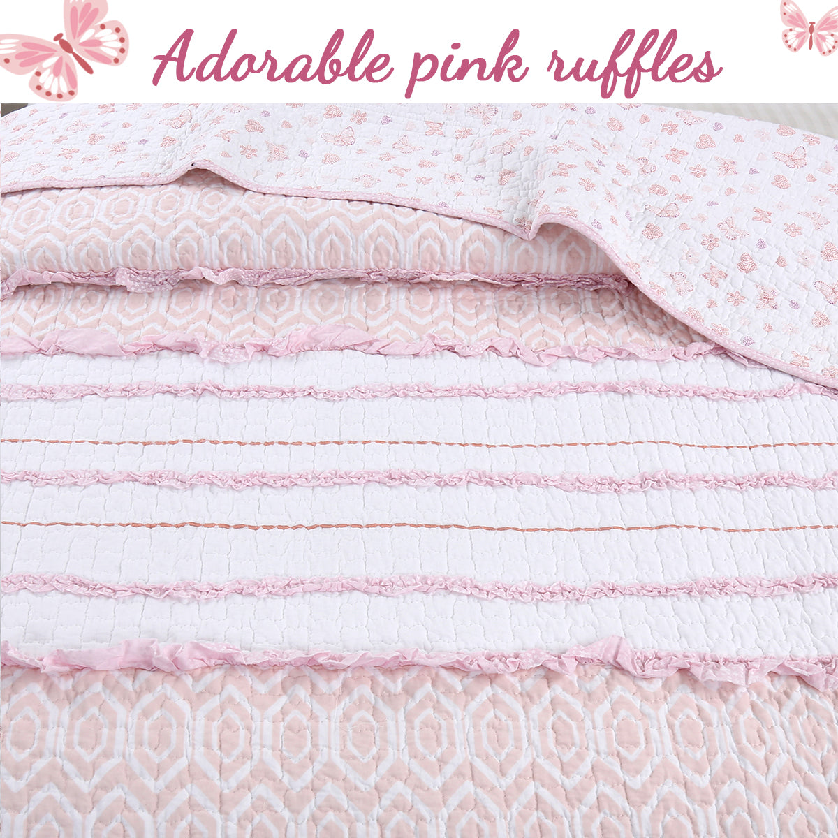 Pretty in Pink Girly Princess Ruffled Star Ogee Stripe Real Patchwork Cotton Reversible Quilt Bedding Set