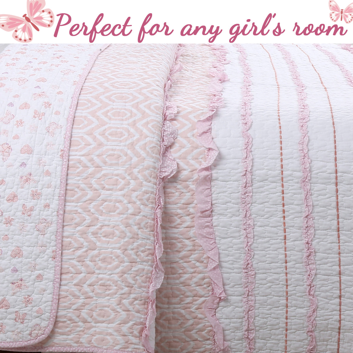 Pretty in Pink Girly Princess Ruffled Star Ogee Stripe Real Patchwork Cotton Reversible Quilt Bedding Set