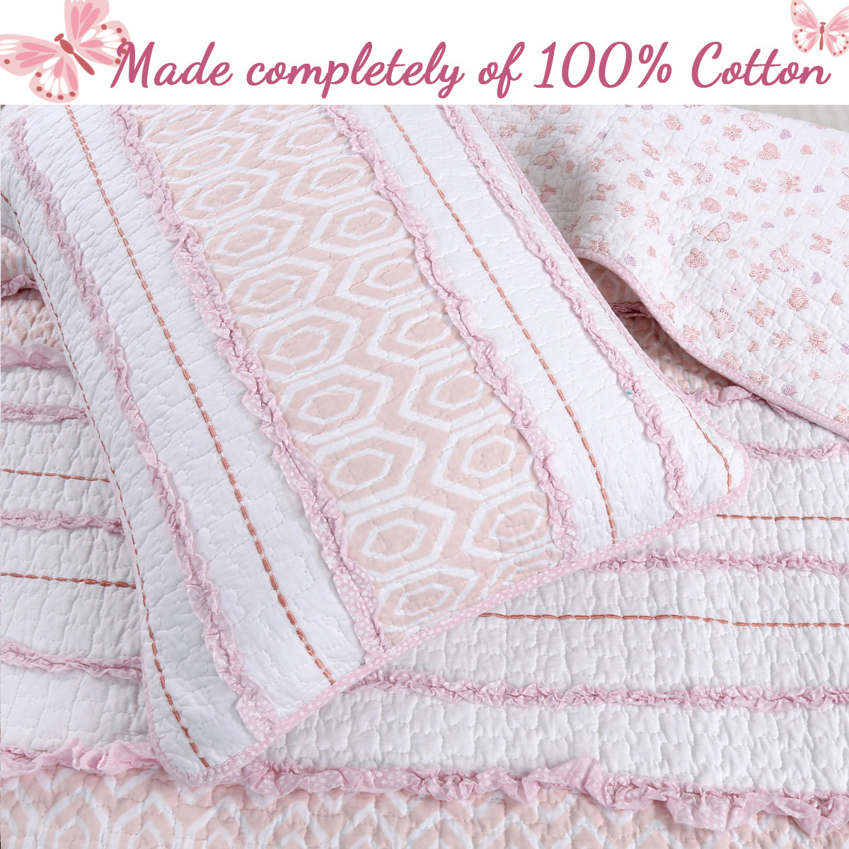 Pretty in Pink Girly Princess Ruffled Star Ogee Stripe Real Patchwork Cotton Reversible Quilt Bedding Set