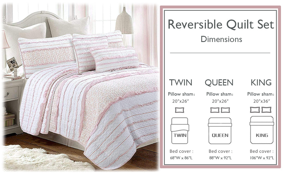 Pretty in Pink Girly Princess Ruffled Star Ogee Stripe Real Patchwork Cotton Reversible Quilt Bedding Set