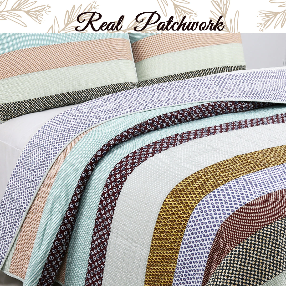 Nesco Striped Purple Green Brown Cotton 3-Piece Reversible Quilt Bedding Set