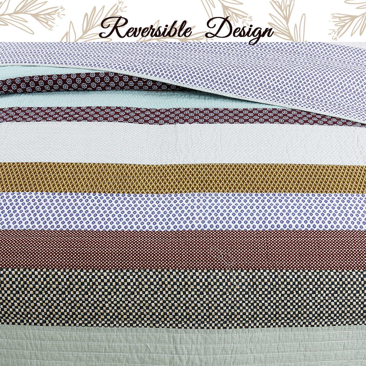 Nesco Striped Purple Green Brown Cotton 3-Piece Reversible Quilt Bedding Set