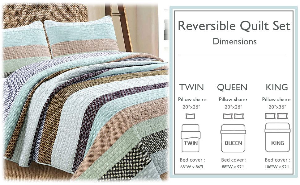 Nesco Striped Purple Green Brown Cotton 3-Piece Reversible Quilt Bedding Set