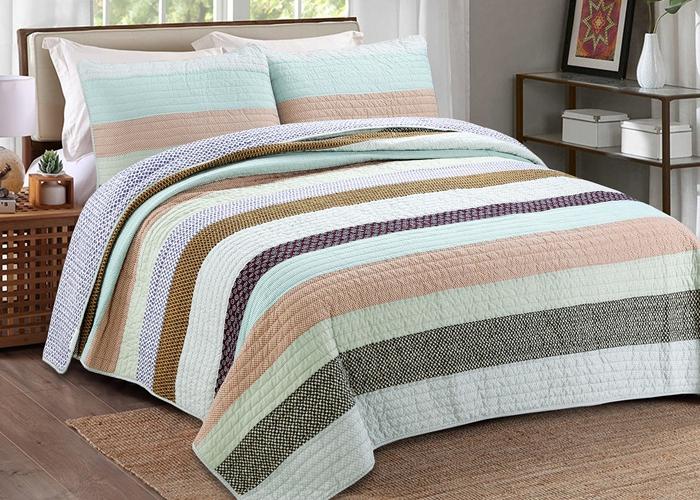 Nesco Striped Purple Green Brown Cotton 3-Piece Reversible Quilt Bedding Set