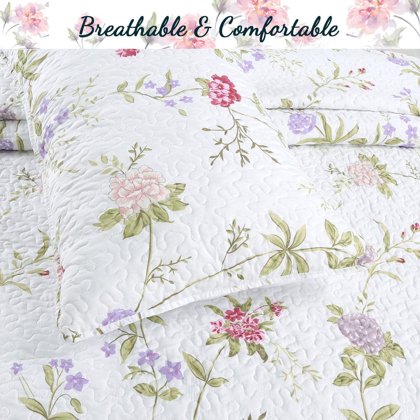 Lucie Light Pink Lavender Floral 3-Piece Reversible Quilt Bedding Set