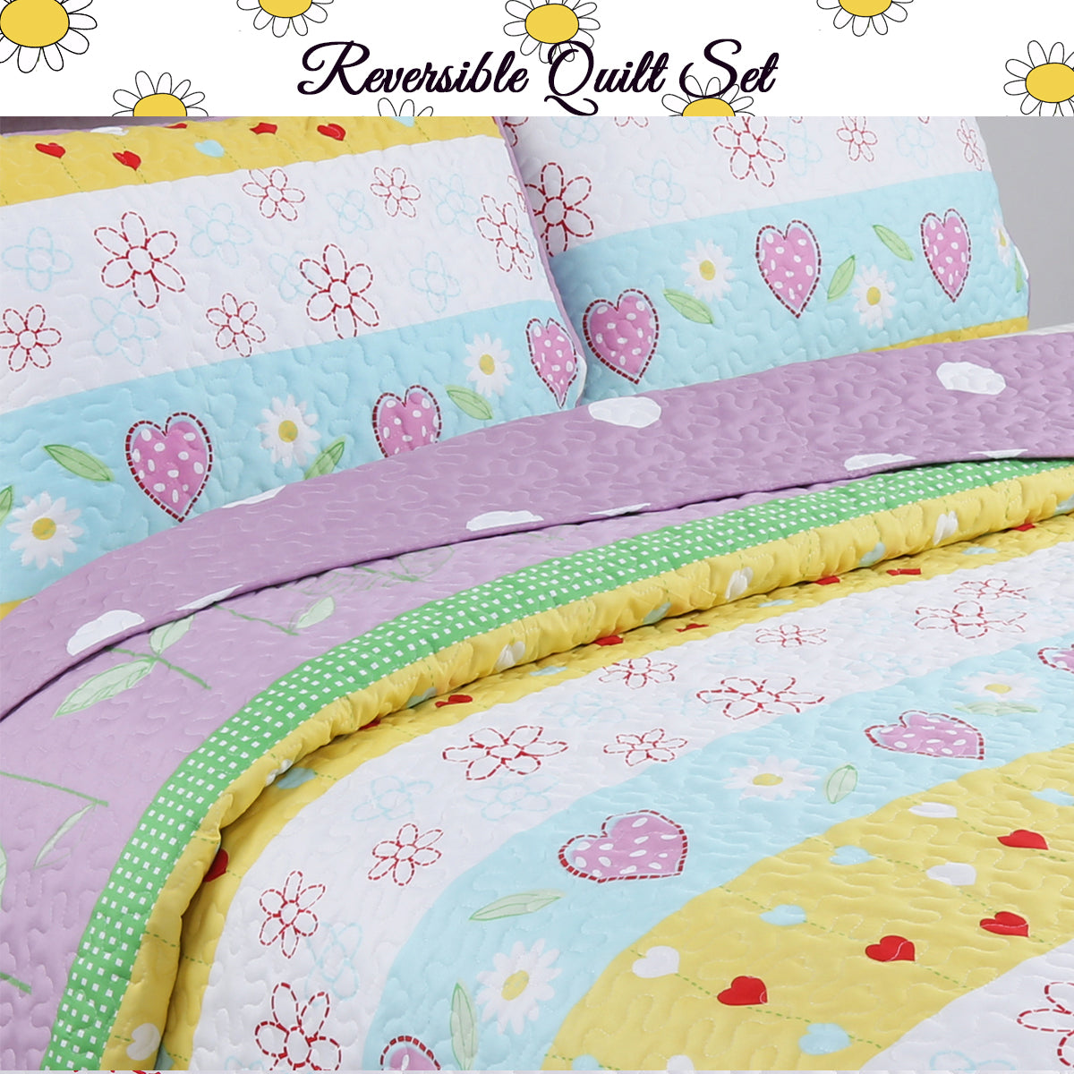 Flower Garden Heart Girl Print Reversible Quilt Bedding Set